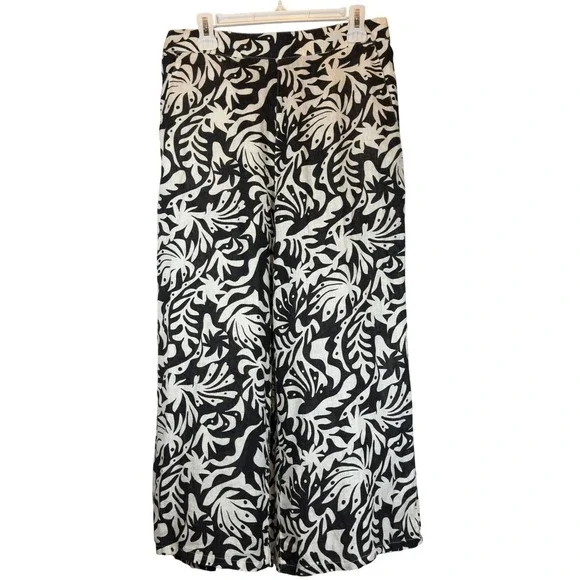Rachel & Zoe 100% Linen Pull-On Wide Leg Pants Large Tropical Leaf Black White - Picture 2 of 9
